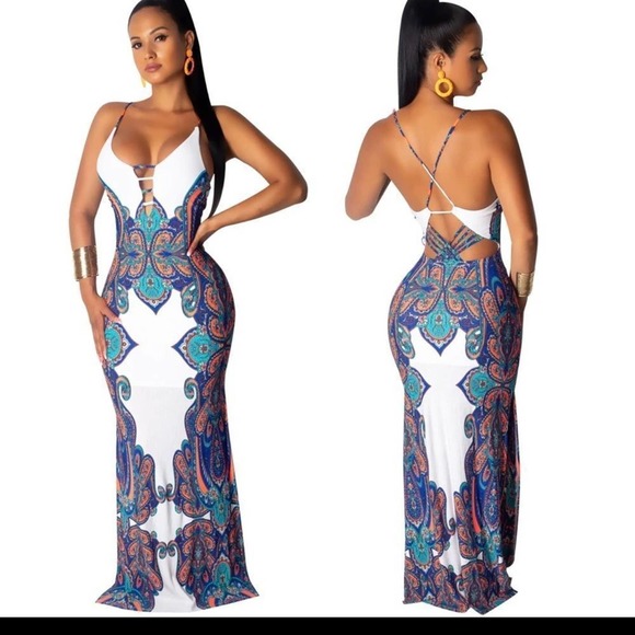 Bohemian Beach Vintage Tribal Print Slip Backless Casual Long Maxi Red LARGE - Picture 6 of 6